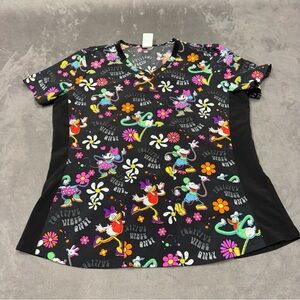 Disney Black Cartoon Floral V-Neck Top scrubs Mickey Minnie goofy Donald women L